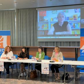 La vice-présidente déléguée à la petite enfance, Chloé Danillon et l'élue chargée de la culture, Maria Conquet, avec les représentants de la MSA et de la Caf de l'Aude ont échangé en visio avec l'auteure du livre.