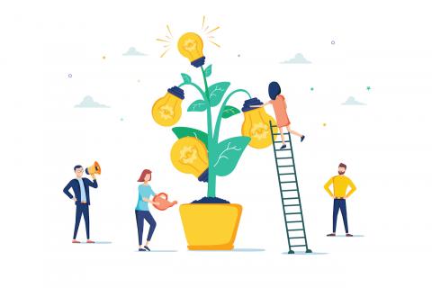ILLUSTRATION MONTRANT DES PERSONNES ARROSANT UNE PLANTE OÙ GERMENT DES IDÉES