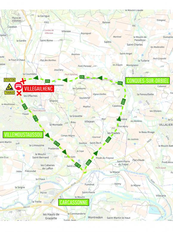 Plan de déviation pour les voitures dans le cadre du chantier de reconstruction du pont de Villegailhenc, dans l'Aude